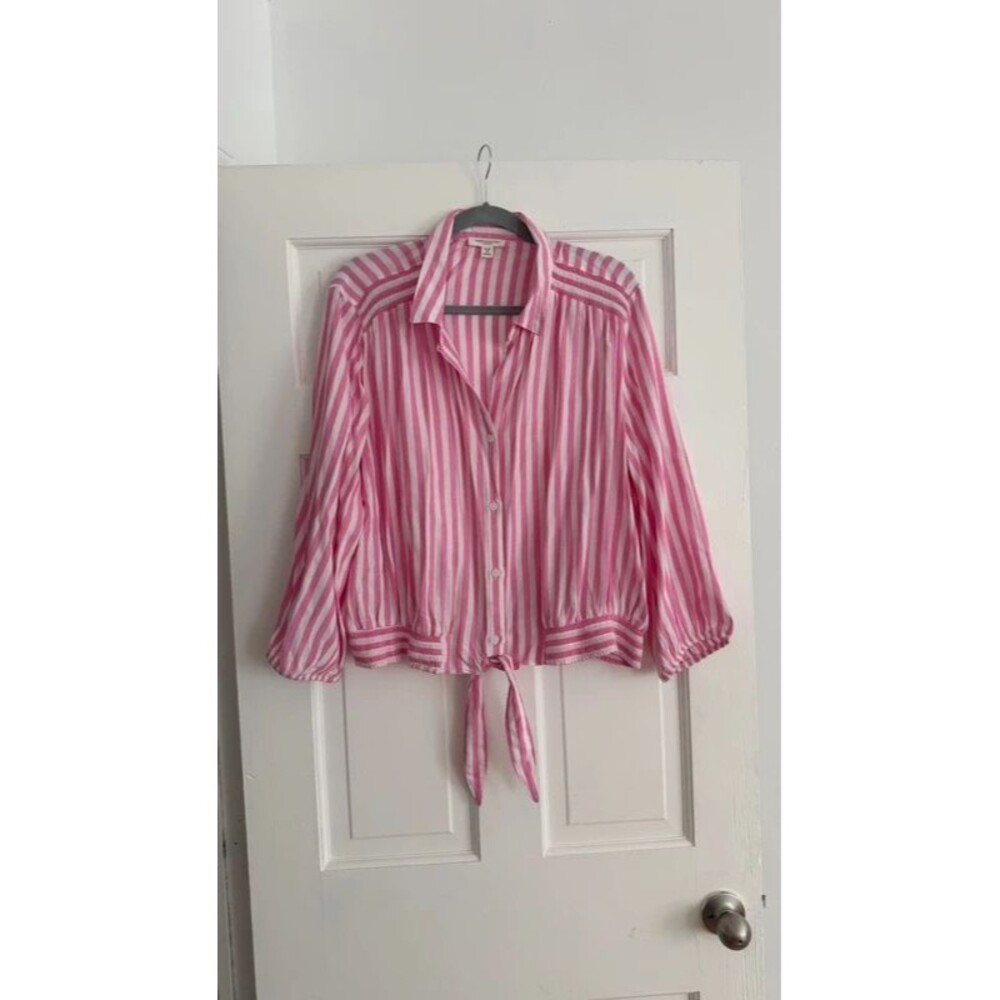 pink and white striped blouse with buttons